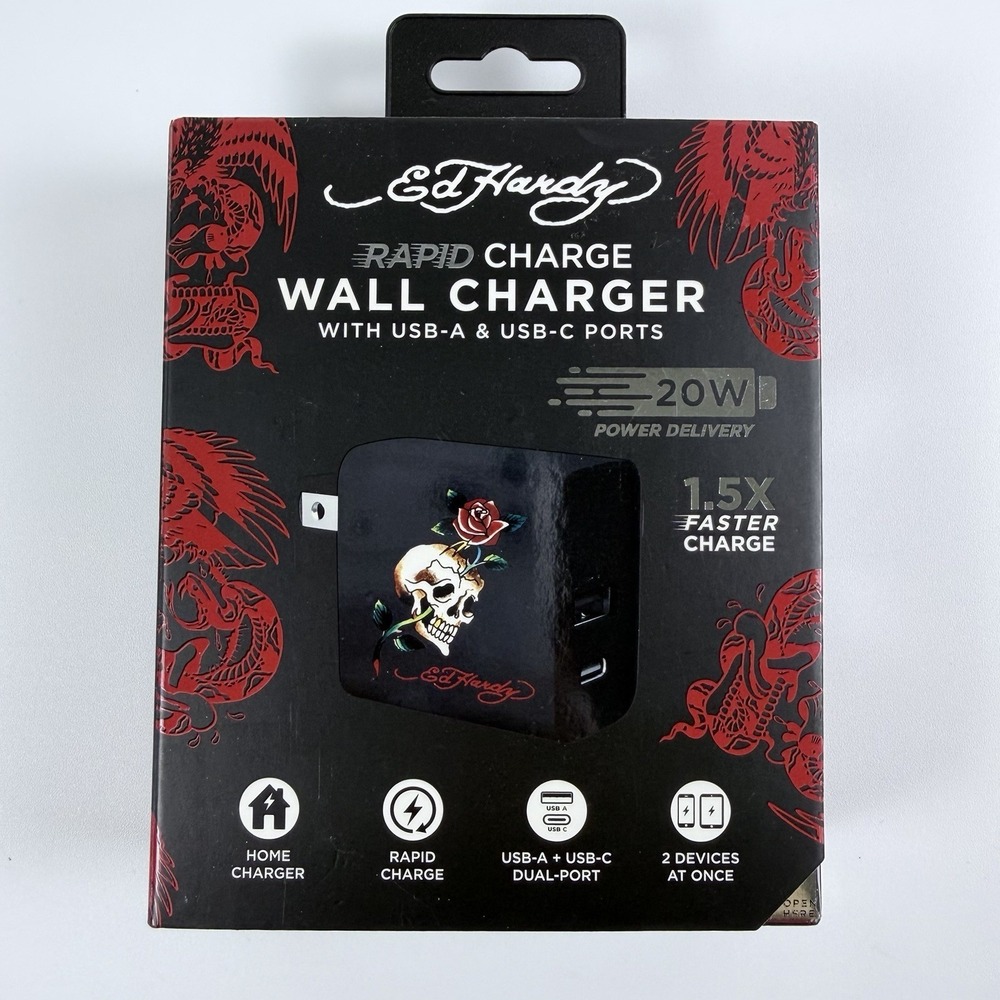 Ed Hardy 20W PD Rapid Wall Charger Skull Rose USB-A USB-C Dual Port NIB